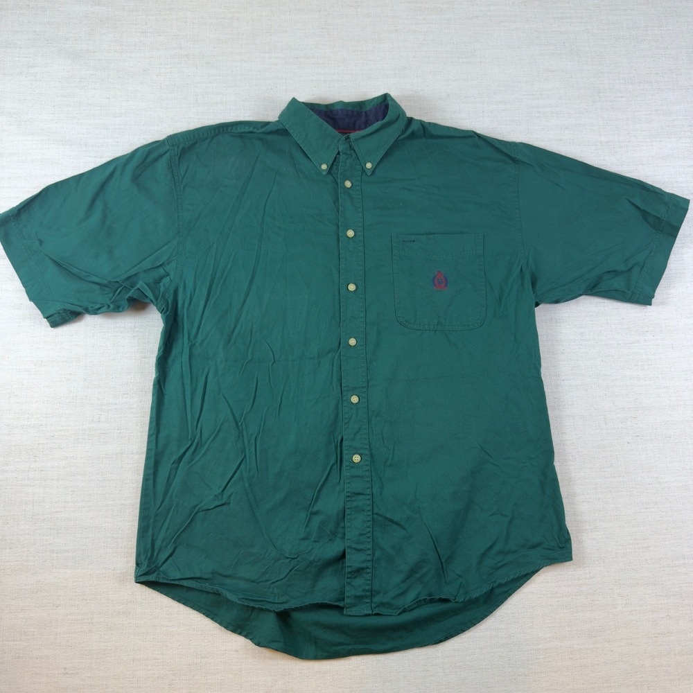 Bugle Boy Company Mens XL Green Short Sleeve Button Down Cotton Crest Shirt